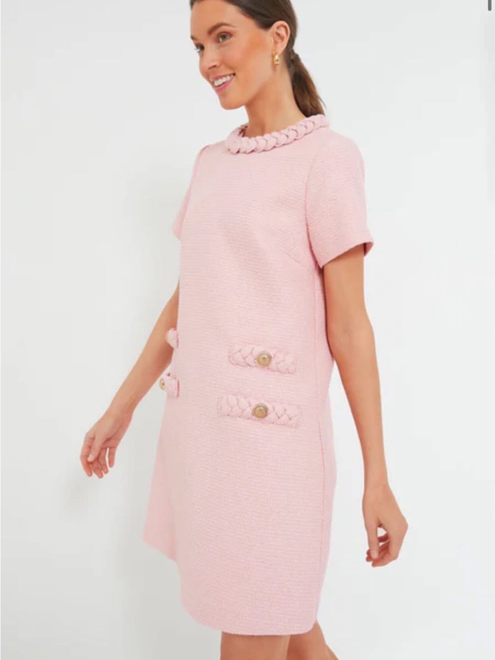 Pink Short-Sleeve Textured Shift Dress with Braided Trim